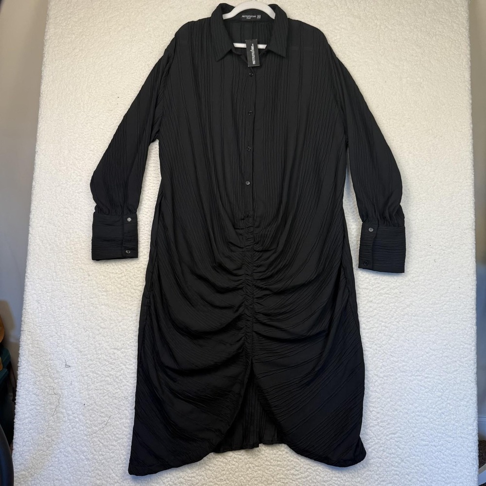PrettyLittleThing‎ Dress Black Textured Gathered Long Sleeve Maxi Shirt Plus 20